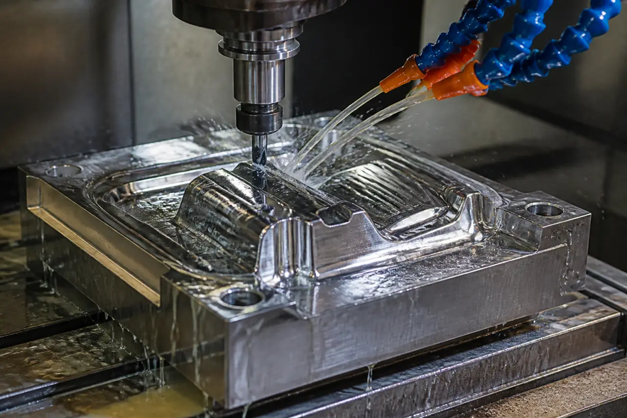 CNC milling of a mould cavity with coolant flushing the cut