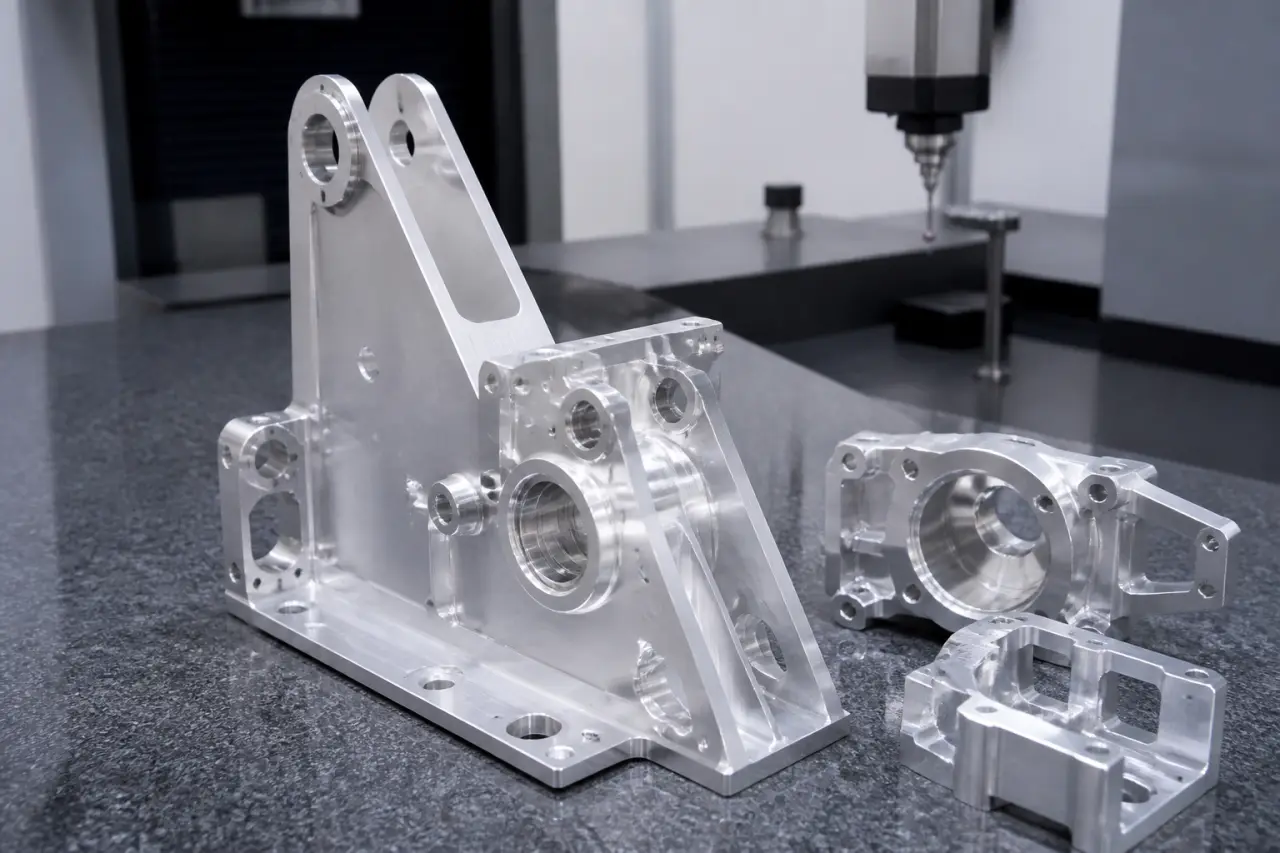 Machined aluminium structural brackets on a granite inspection table