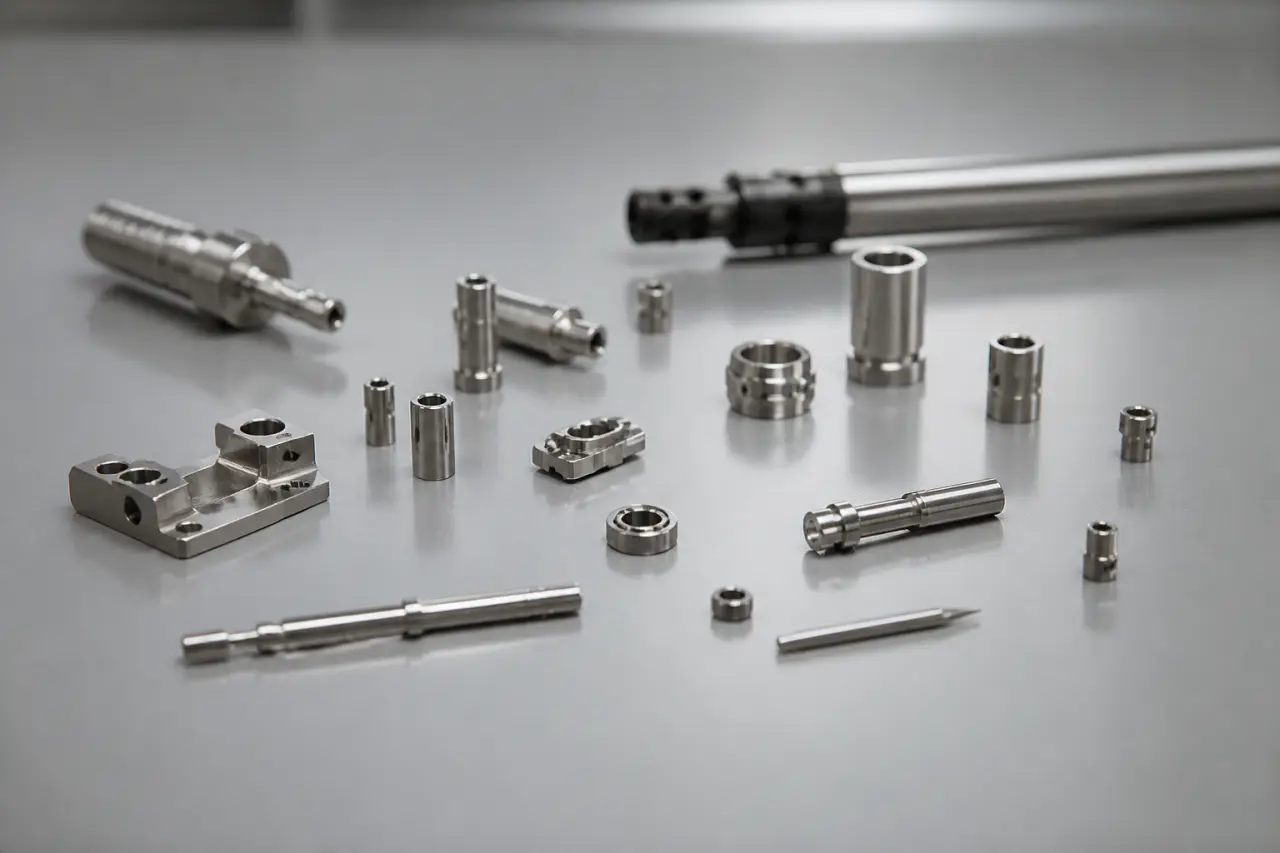 Small precision-turned stainless steel components, including shafts, bushings and spacers