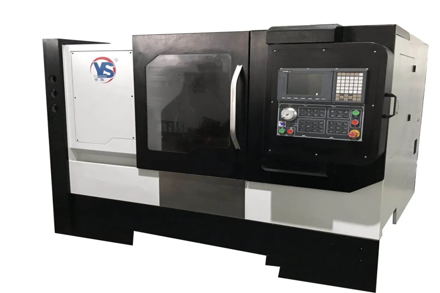 Yusheng CNC lathe with the sliding door open, showing the work area and the operator control panel
