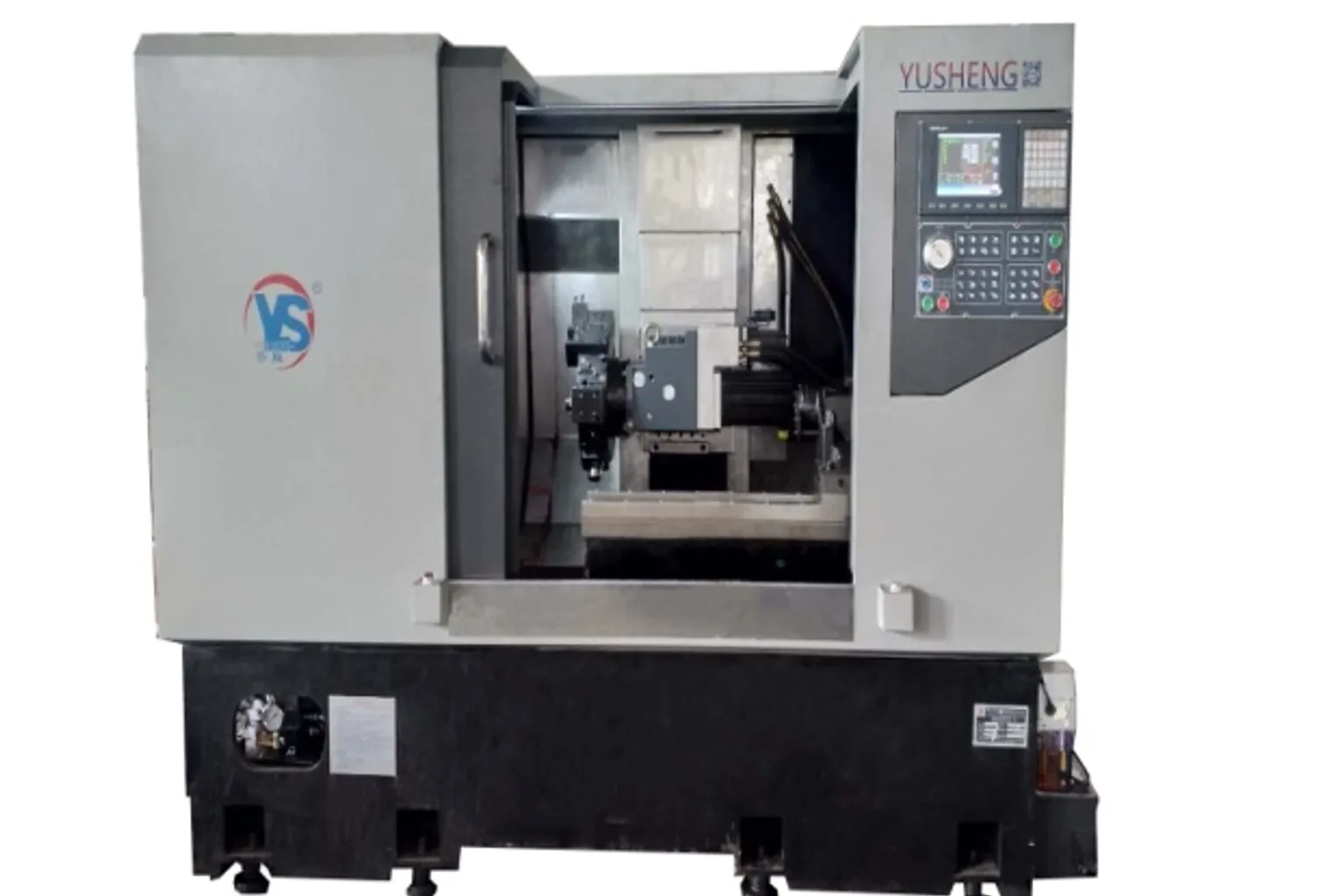 Yusheng turn-mill centre with the door open, showing the tool turret and spindle