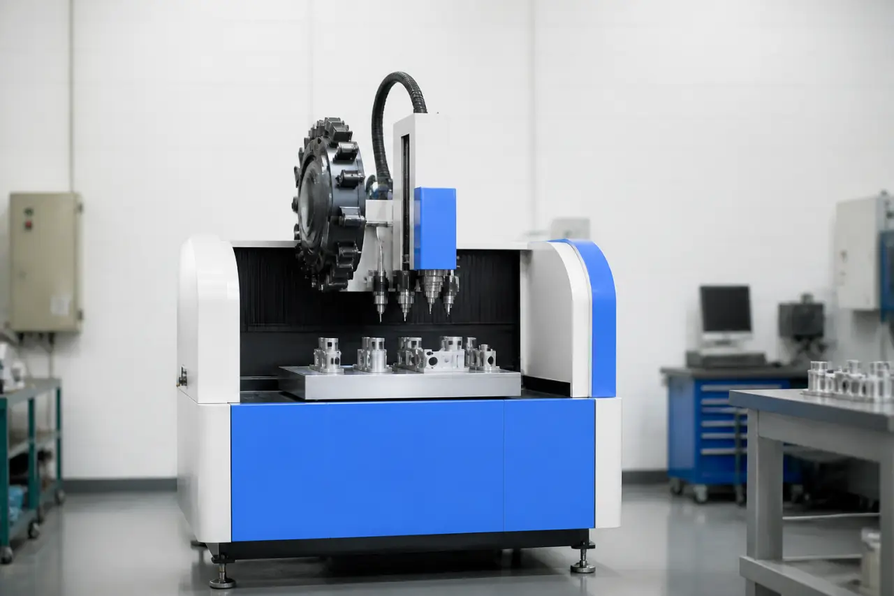 High-speed drilling and tapping centre with a circular tool magazine above a fixture plate of machined parts