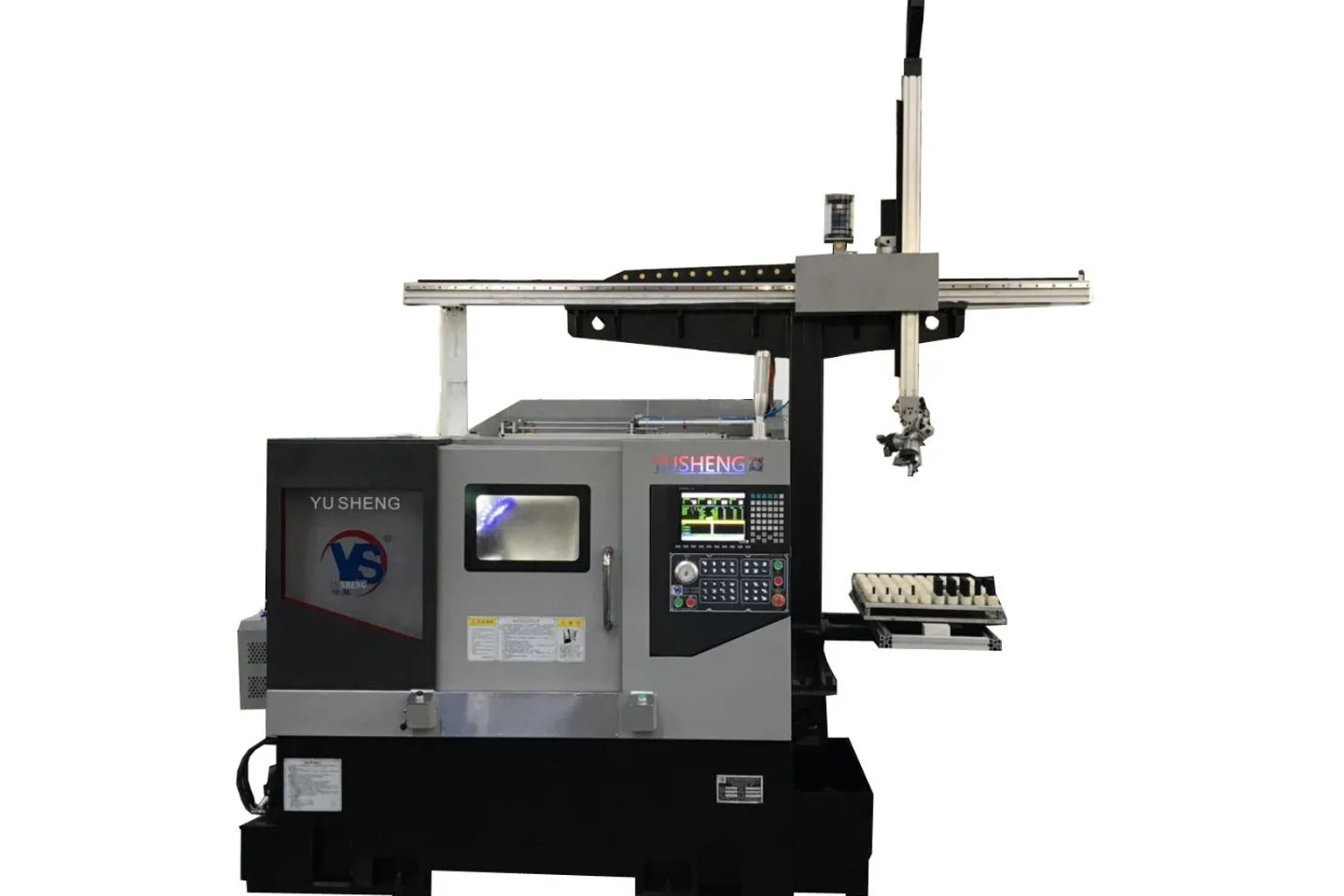 Yusheng CNC lathe fitted with an overhead gantry loader and a stacked part tray for unmanned running