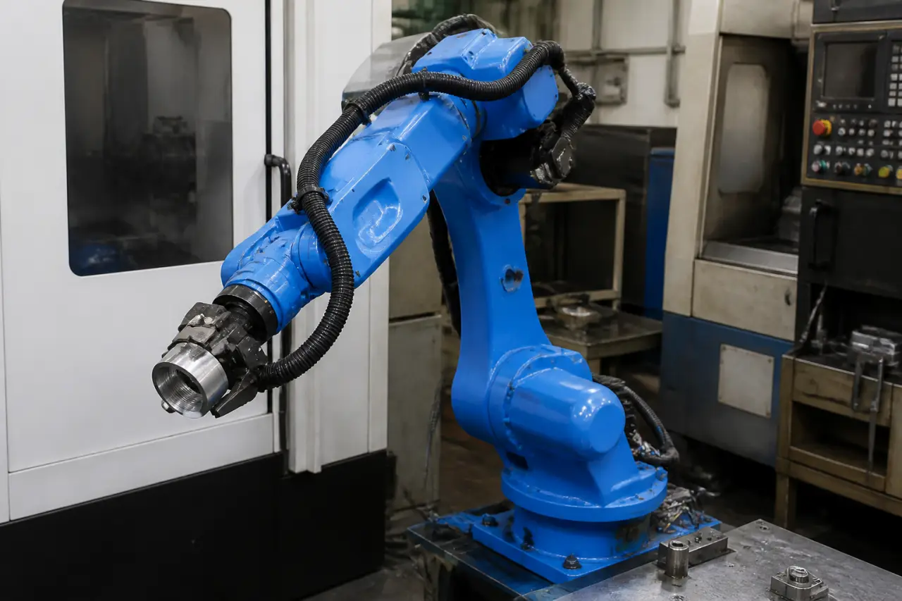 Six-axis robot arm holding a machined aluminium part beside a CNC machine