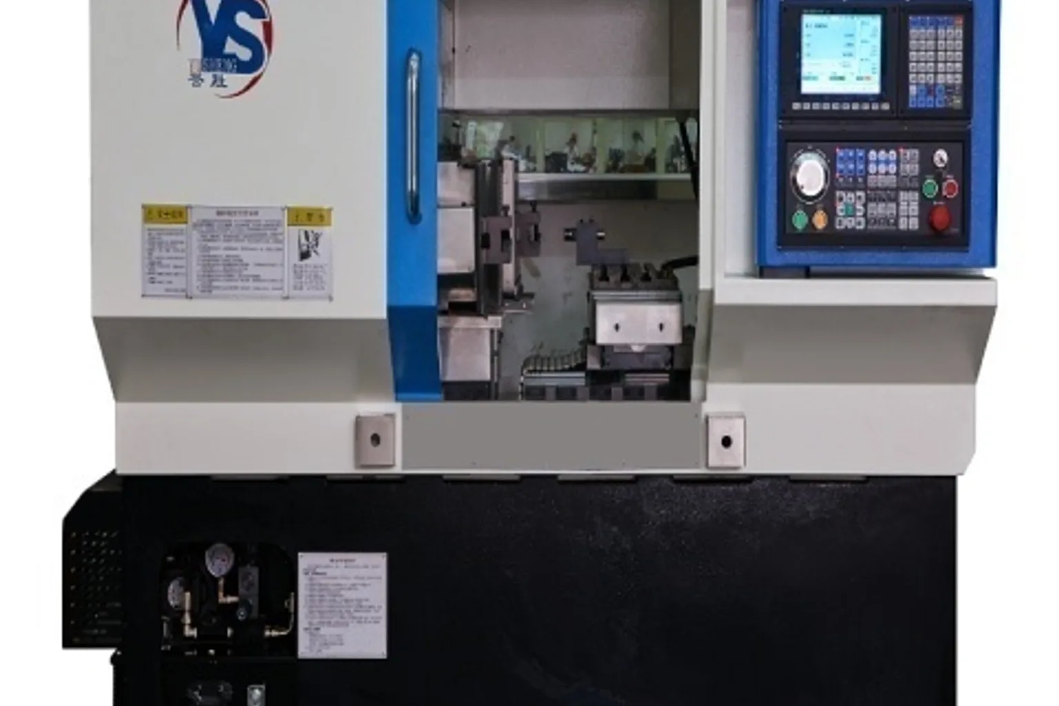 Close-up of a Yusheng machine with the work-area door open, showing the tooling inside and the control panel