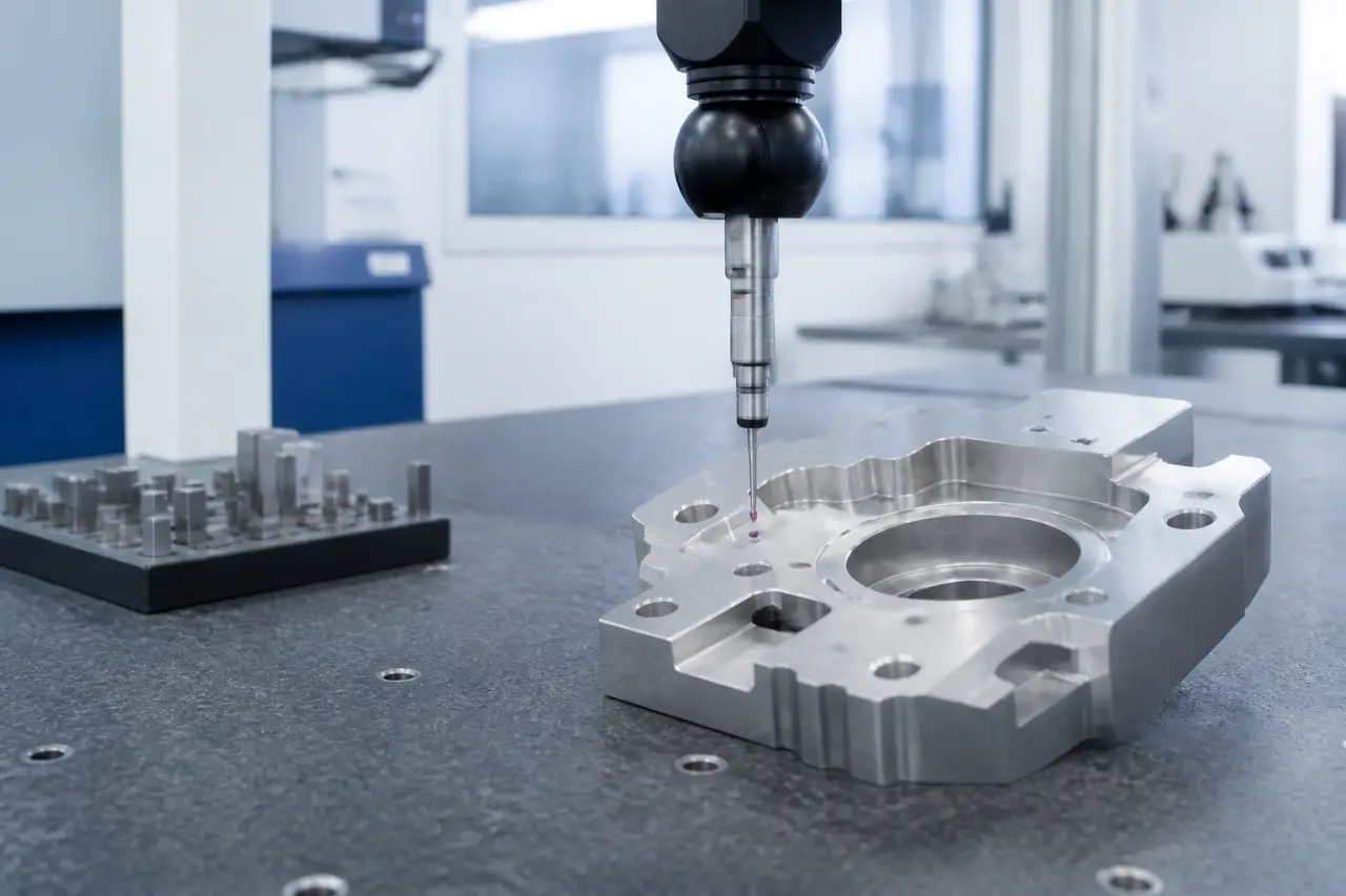Coordinate measuring machine probing a machined aluminium housing on a granite table
