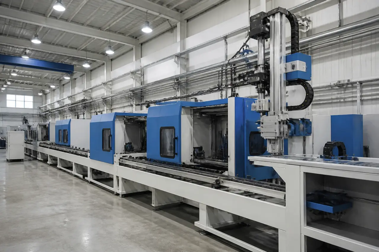 Automated production line of linked CNC machines served by an overhead gantry loader and conveyor